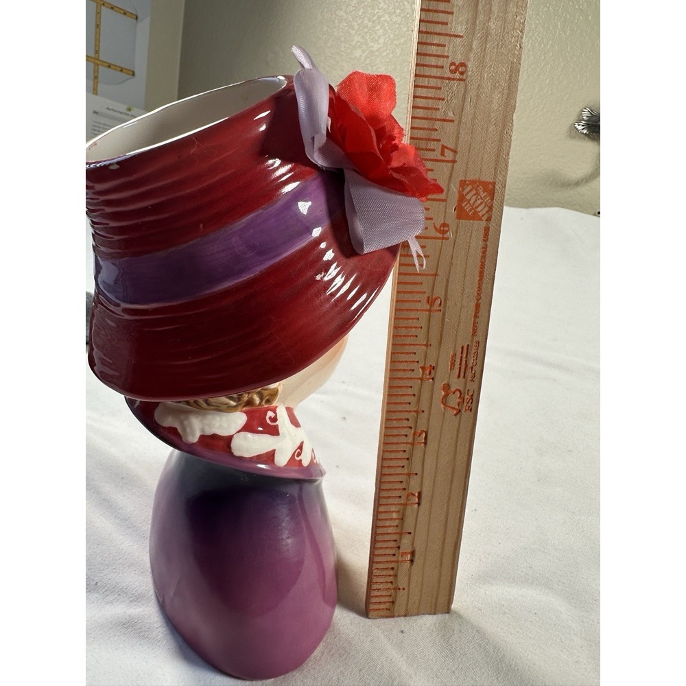 Lefton Red Hat Lady Head Vase 2003 Hand Painted Porcelain Rhinestone Necklace - Picture 7 of 14